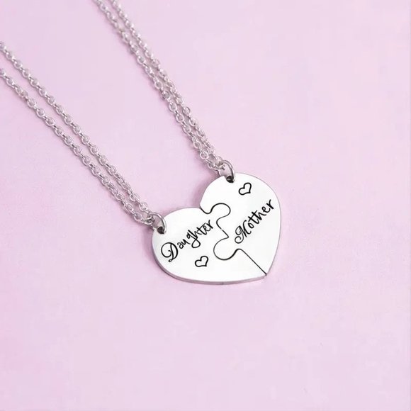 NEW "Mother & Daughter" Puzzle Heart Necklaces Silver 18"+ - Picture 4 of 6